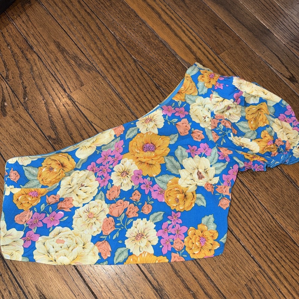 Pink Lily Women's One Shouldered Blue Yellow Floral Crop Top Silky Rayon